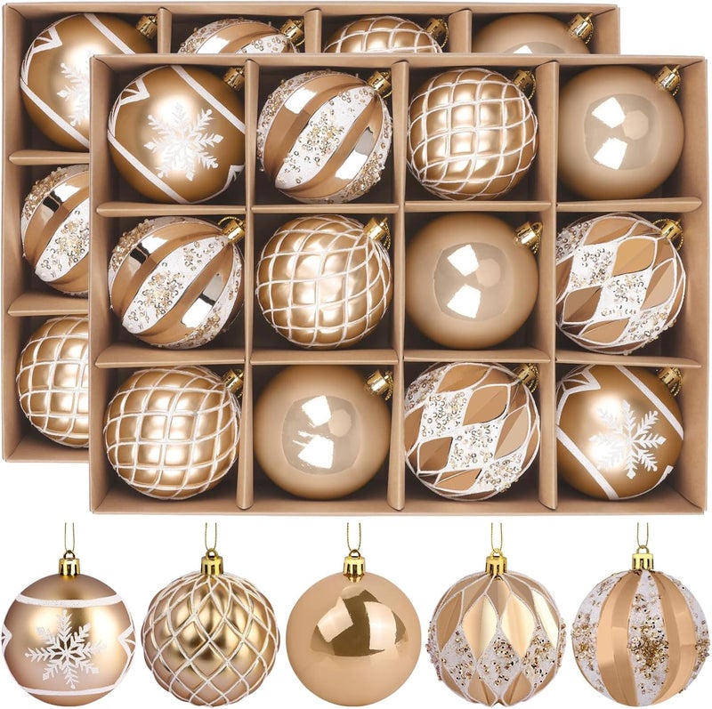 EverMerry EveryMerry 24-Pack 3.1 Inch Christmas Ornaments Set - Champagne White Ornament Balls with 5 Various Designs with Strings, Sturdy, Kraft Box with Lid for Xmas Tree, Holiday Party & Home Decor - Image 1